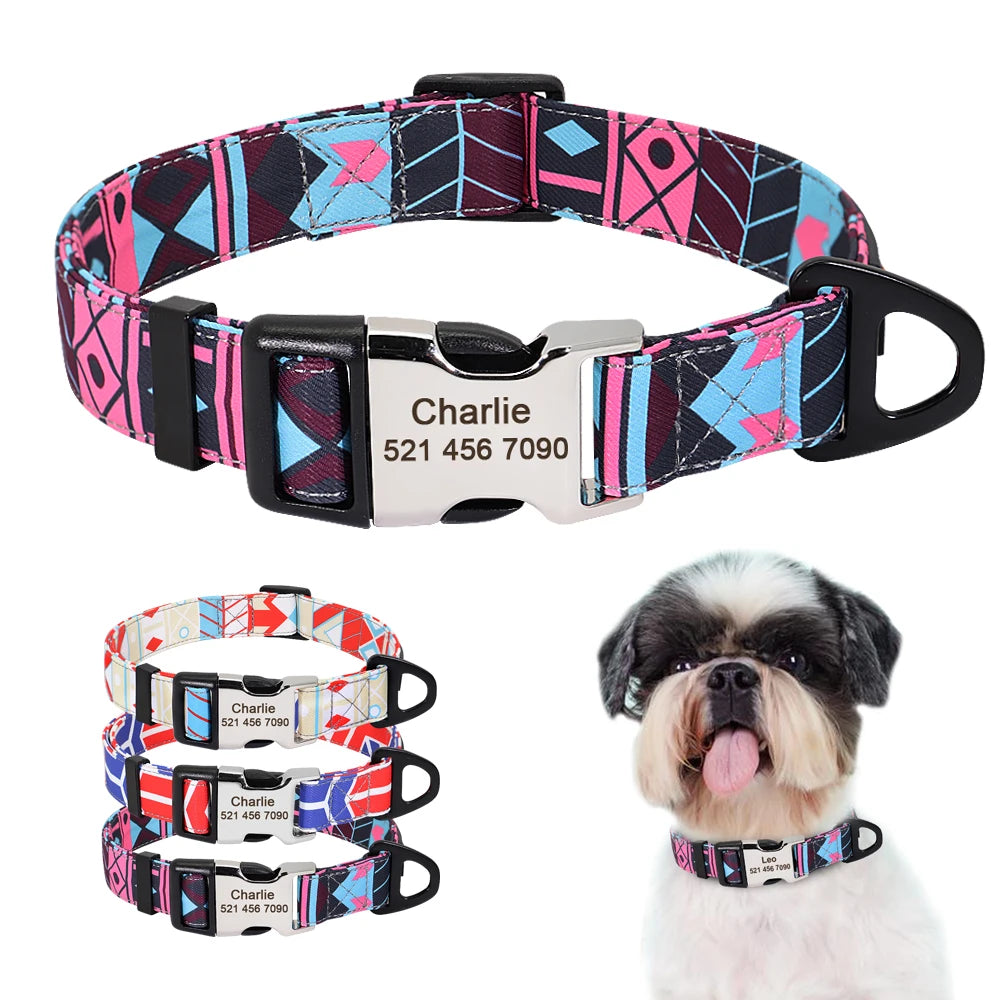 Custom Large Dog Collar Cute Print Personalized Pet Collar Nylon Puppy Dogs ID Collars Engraved Name for Small Medium Large Dog