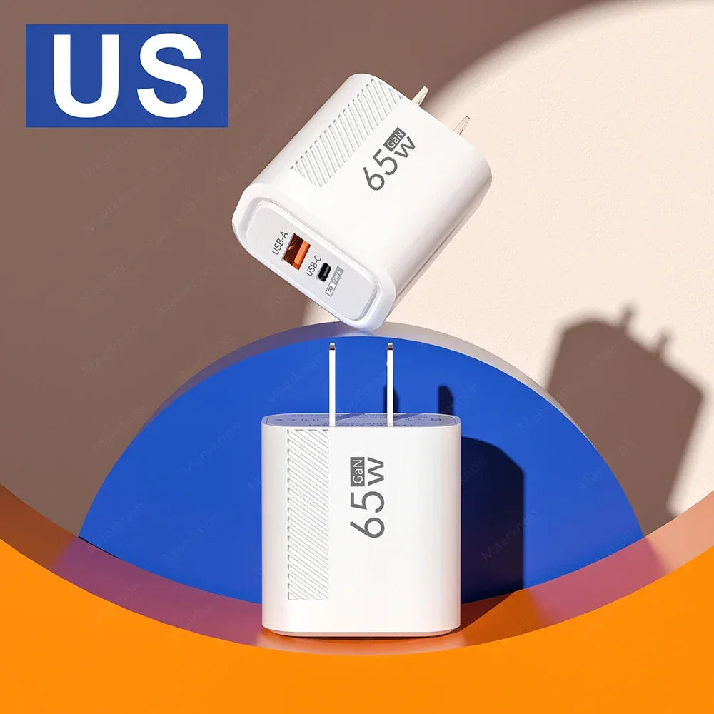 65W GaN USB C Fast Charger QC3.0 EU/US Plug Phone Charger Adapter For iPhone Samsung Xiaomi Quick Charging Type C Wall Charger