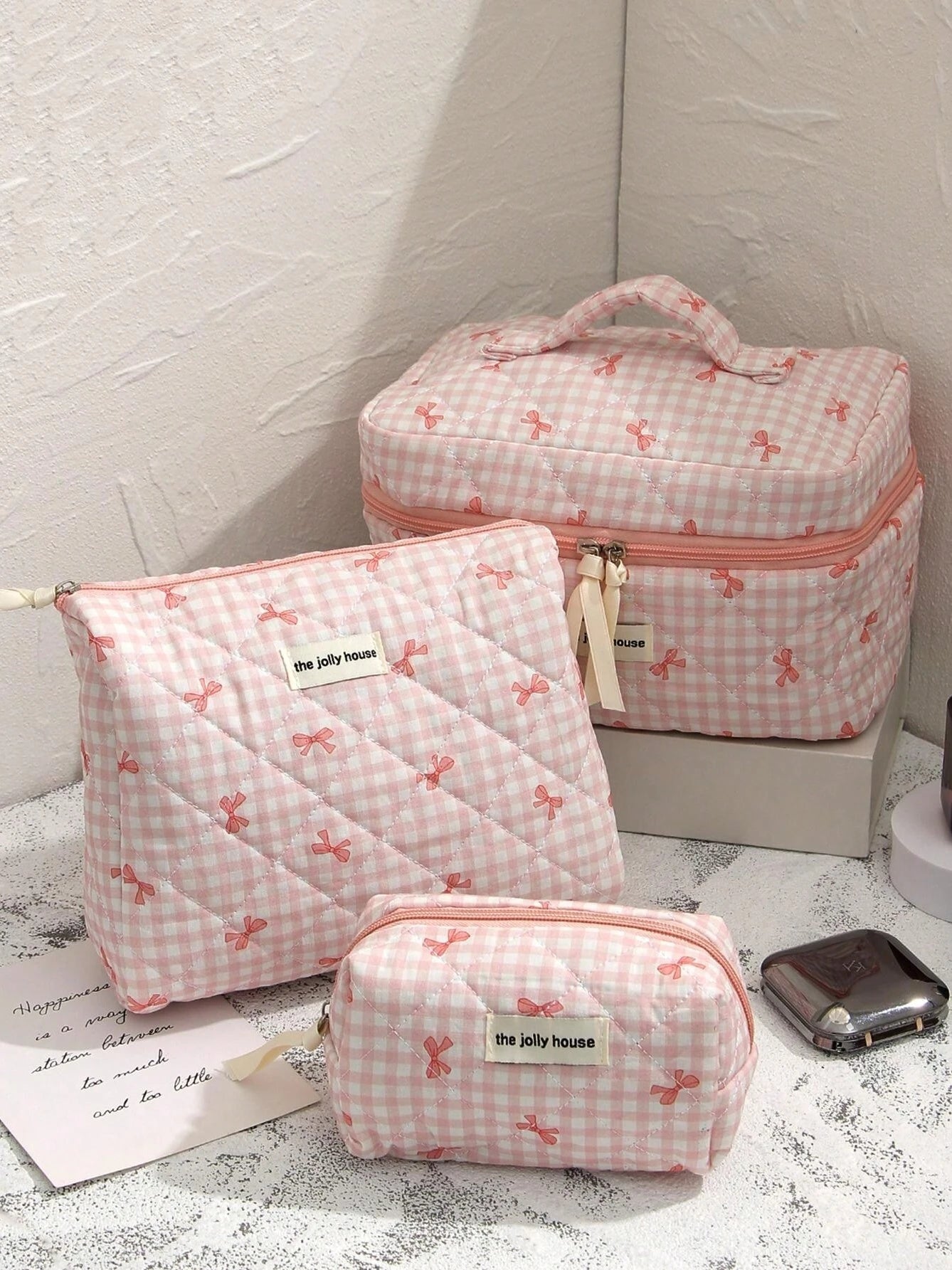 1set Cute Bowknot Cosmetic Bag Organizer Multifunctional Wallet Pouch Portable Brush Storage Clutch Travel Makeup Skincare Bag