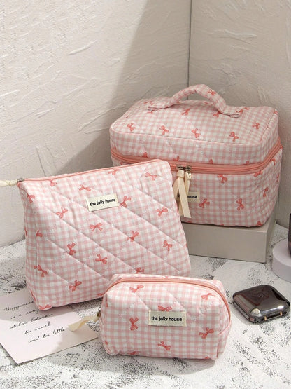 1set Cute Bowknot Cosmetic Bag Organizer Multifunctional Wallet Pouch Portable Brush Storage Clutch Travel Makeup Skincare Bag