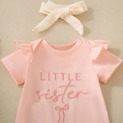 Summer unisex baby pink short-sleeved letter-print romper, shorts, bow hair accessory and belt – 4-piece set