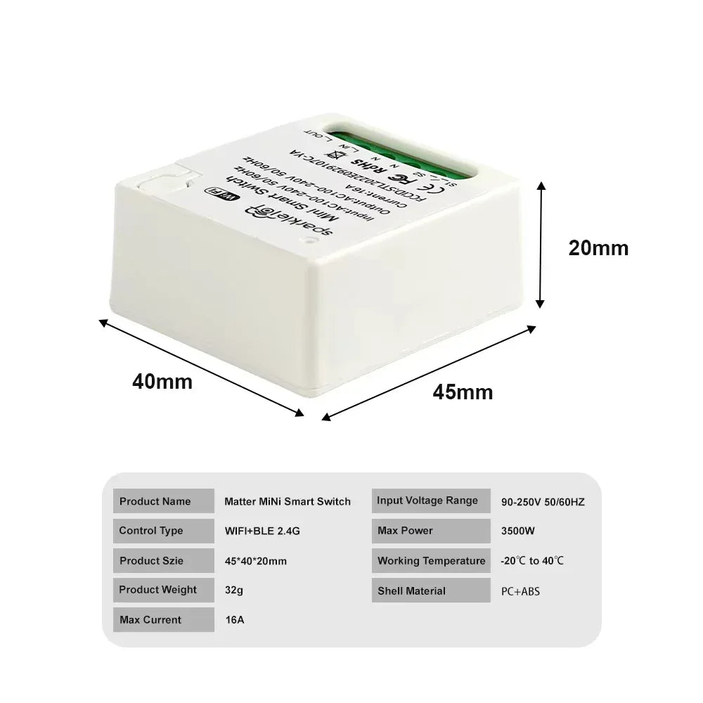 Matter 16A WiFi mini Smart Switch Pass-through Disconnect Dual Control Outletorks Remote Control Timer  Work with HomeKit Alexa