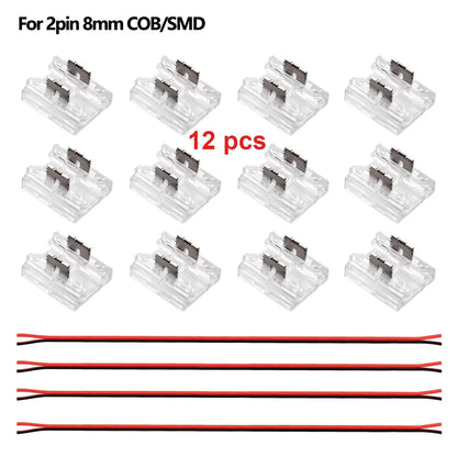 12pcs Solderless LED Connector Transparent 4 in 1 DIY Connectors with 15cm Wire For 2pin 8mm 10mm COB SMD LED Strip Lights
