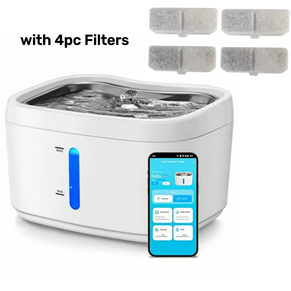 Cat Water Fountain with APP Wireless Connected 84oz/2.5L Automatic Pet Water Fountain with Stainless Steel Tray Weight Sensor
