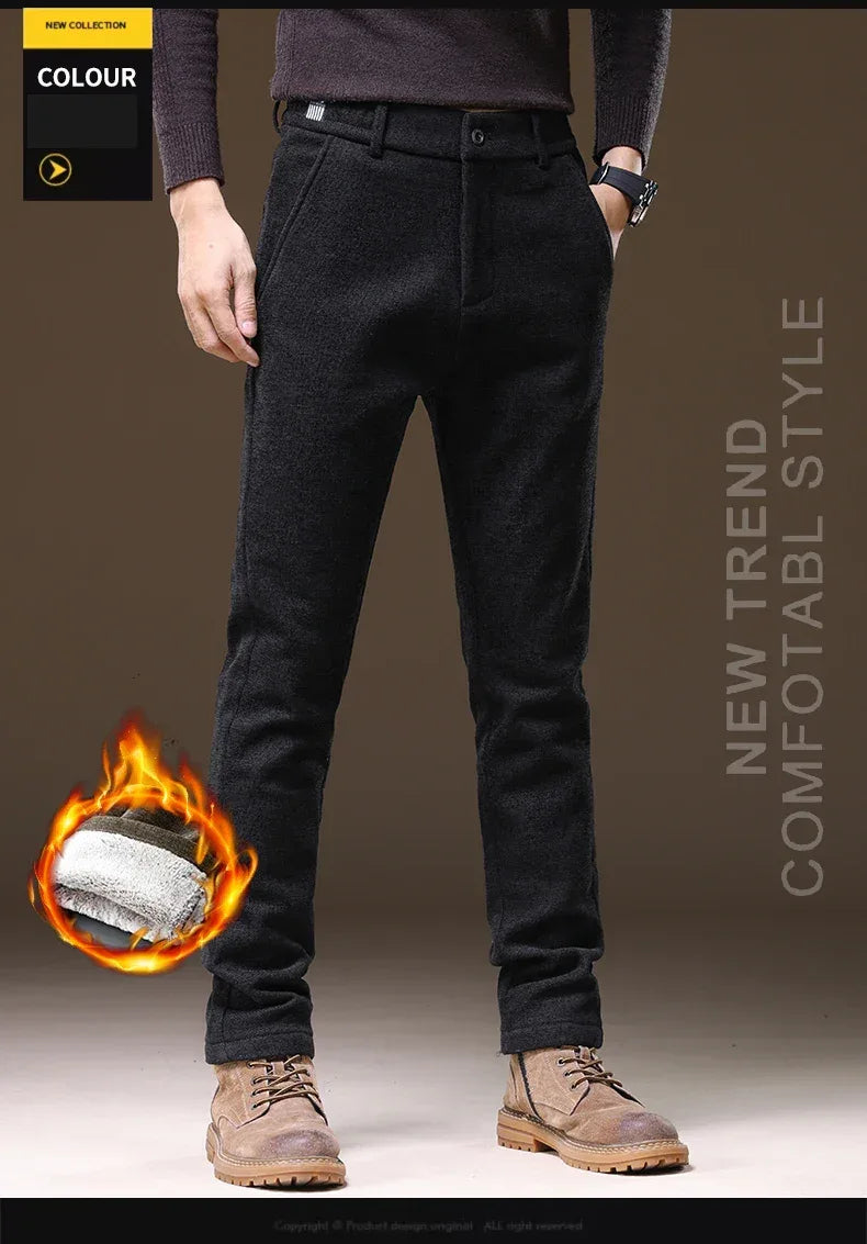 Casual Pants Men Winter New Fleece Business Elastic Waist Slim Korean Warm Thick Brushed Plush Trousers Male 28-38