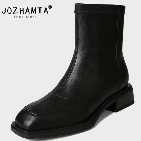 JOZHAMTA Size 34-40 Women Stretch Boots Real Leather Elastic Short Booties Thick Heels Platform Boots Vintage Office Lady Daily