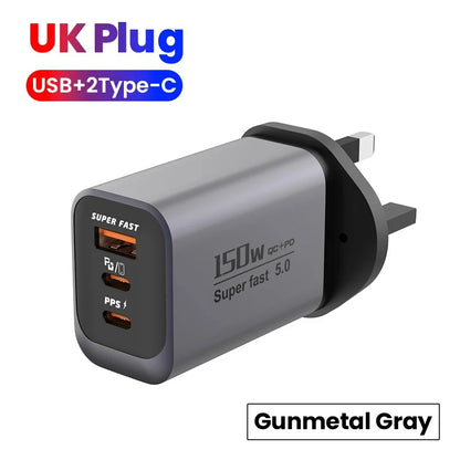 150W Fast Charger 3 Ports USB C PD3.0 QC3.0 Super Fast Wall Adapter for iPhone 17 16 Pro Samsung S24 Xiaomi 15 Huawei EU UK US