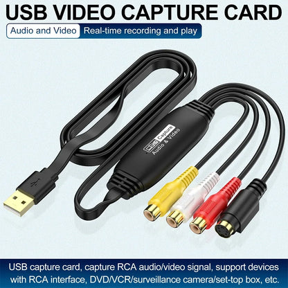 RCA AV To USB 2.0 Video Capture Card Old VHS TV DVD VCR to Digital Files Adapter for Laptop Desktop PC Support OBS