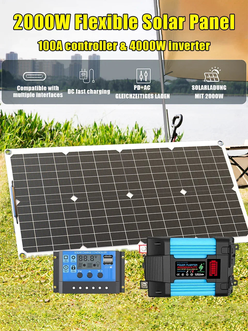 110V220V 6000W Flexible Solar Panel System Kit  12V Battery Charger Controller  Inverter Complete For Home Outdoor Capming