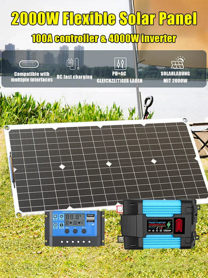 110V220V 6000W Flexible Solar Panel System Kit  12V Battery Charger Controller  Inverter Complete For Home Outdoor Capming
