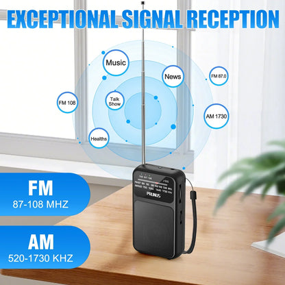 Mini Portable Pocket Radio AM FM AAA USB-C Power 800mAh rechargeable battery Excellent Reception Clear Speaker Headphone Jack