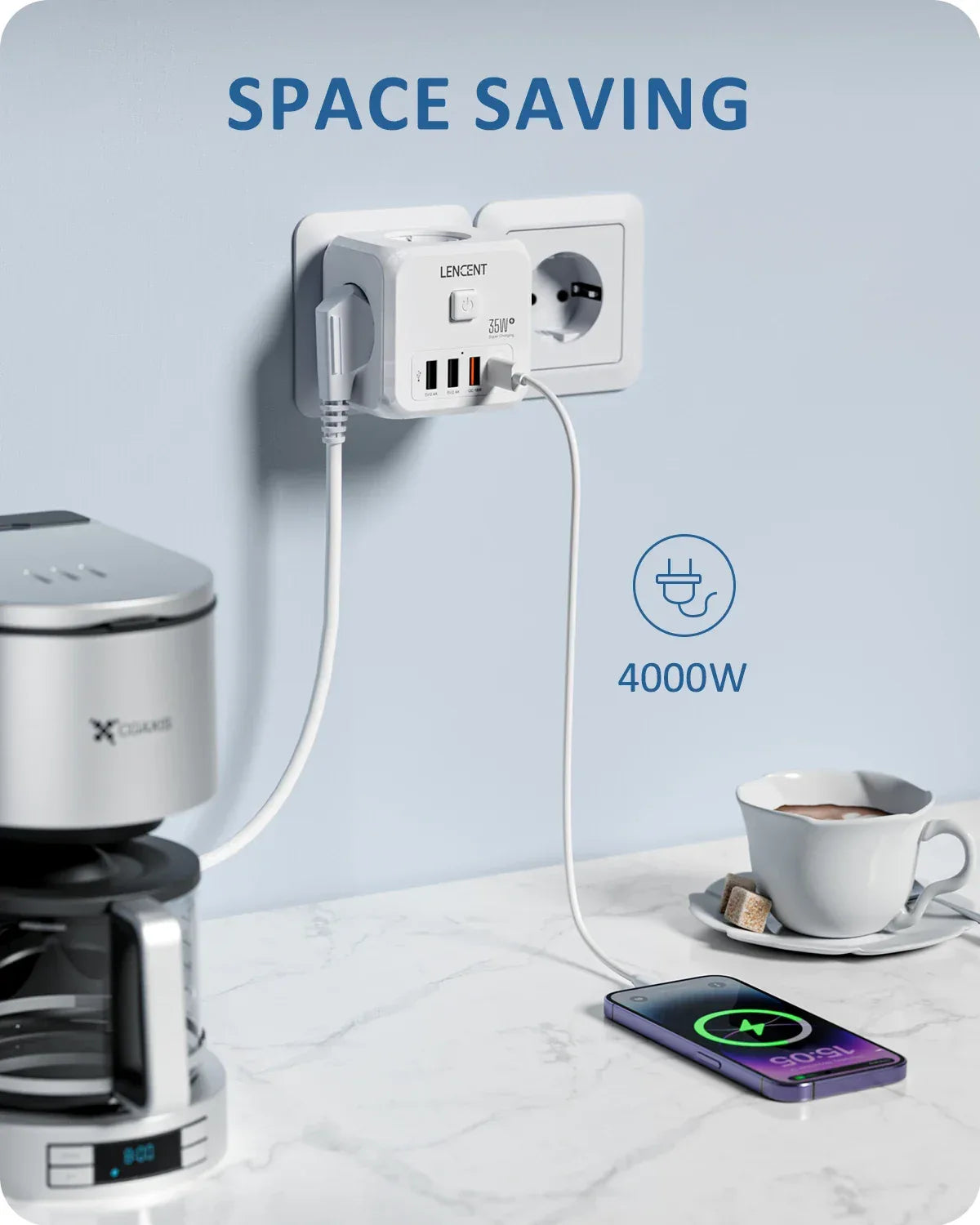 LENCENT Multi USB Wall Socket Cube with 3AC Outlets USB-A and Type C 7-in-1 Power Strip EU Plug Socket On/Off Switch for Home