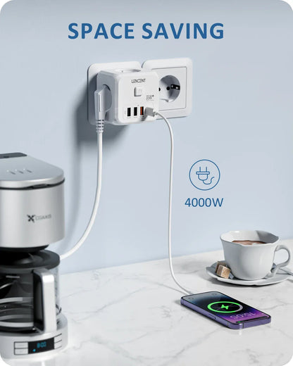 LENCENT Multi USB Wall Socket Cube with 3AC Outlets USB-A and Type C 7-in-1 Power Strip EU Plug Socket On/Off Switch for Home