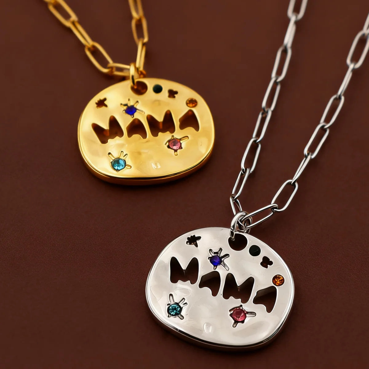 Mother's Day Thanksgiving Pendant Necklace Colorful Full Zircon Irregular Round Letter Mama Stainless Steel Paperclip Necklace