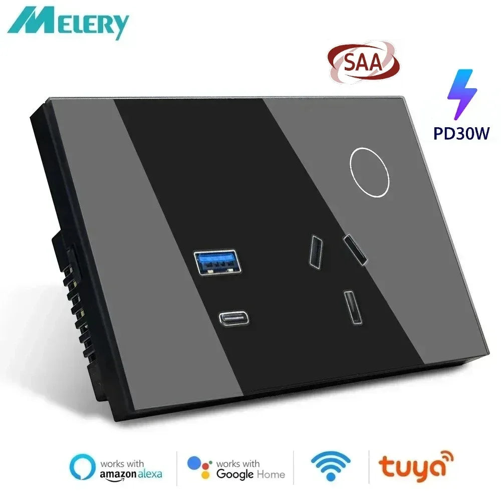 Melery Wall Socket WIFI Tuya Smart Australia Plug USB Type-C 30W Argentina Outlet Power Touch Sensor Remote by Alexa Google Home