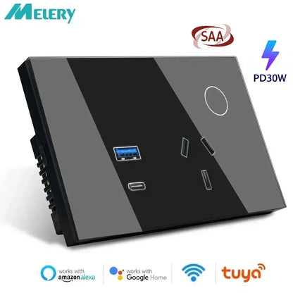Melery Wall Socket WIFI Tuya Smart Australia Plug USB Type-C 30W Argentina Outlet Power Touch Sensor Remote by Alexa Google Home