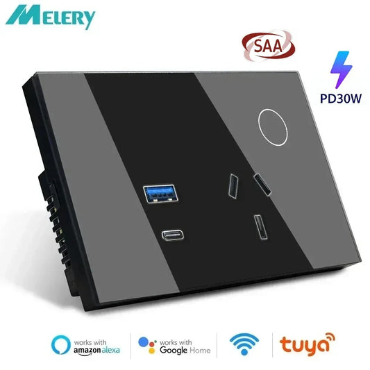 Melery Wall Socket WIFI Tuya Smart Australia Plug USB Type-C 30W Argentina Outlet Power Touch Sensor Remote by Alexa Google Home