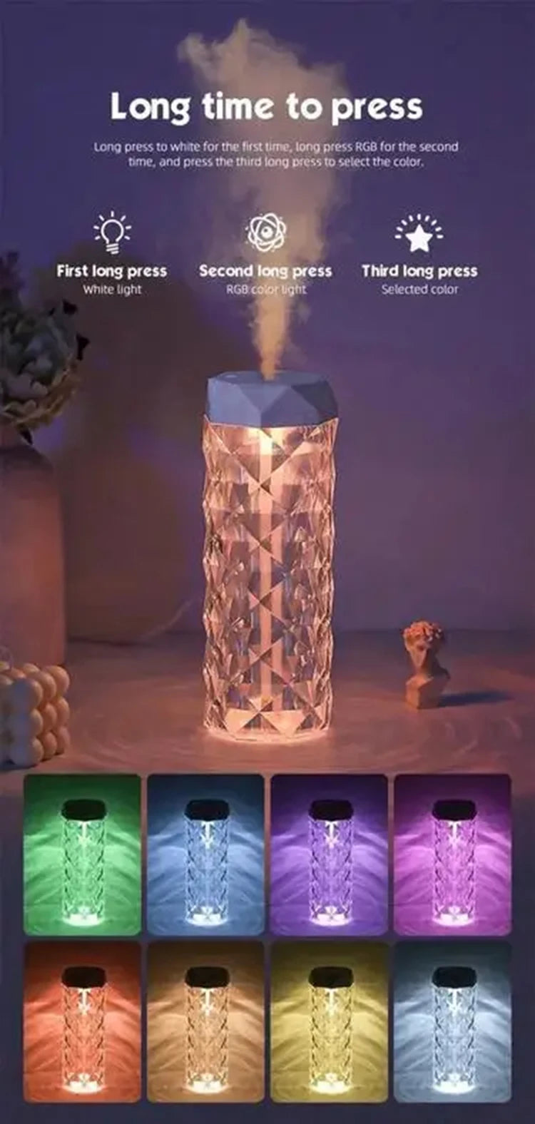 400ml Colorful USB Crystal Humidifier with Aromatherapy and Air Purification for Bedroom and Desktop