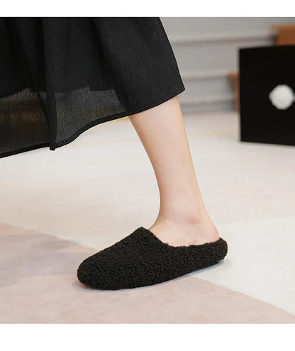 Big Size 43 Women Lambswool Slippers Winter Sheep Fur Shoes Ladies Flat Cotton Slides Home Pantuflas Daily Slip On Furry Mules