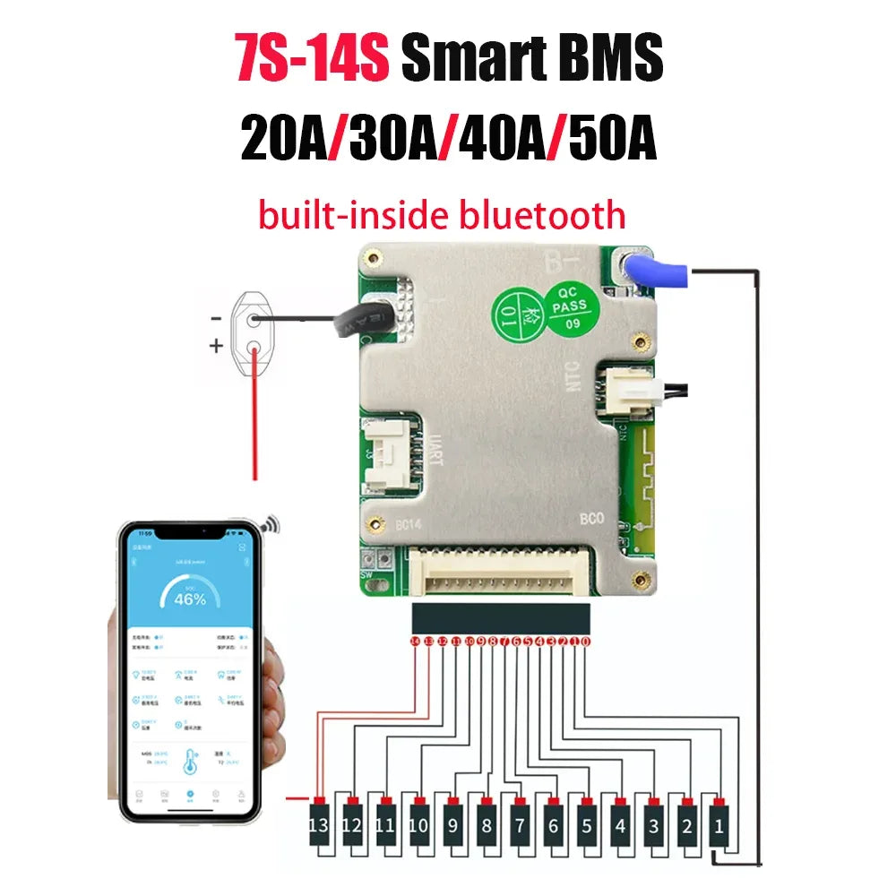 JBD BMS Auto-Identify 7S 8S 10S 12S 13S 14S 20A 30A 40A 50A LiFePo4 Smart BMS 24V 36V 48V Battery Management System for E-Bike