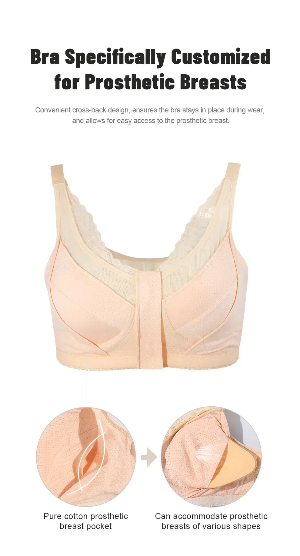 LERVANLA 2566 Strong Breathability Mastectomy Bra Women with Pocket Breast Form Pads Included Adjustable Cotton Comfort  Large