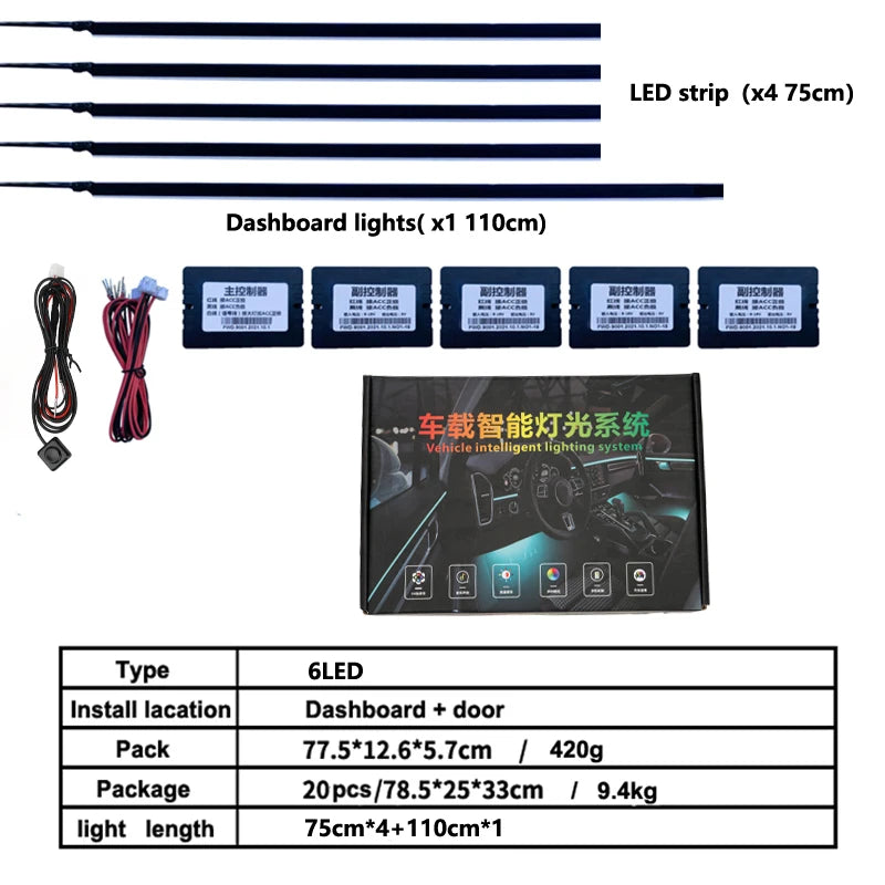 18in1 Car interior lights rgb Car Led interior car led strip lights for car ambient light door lighting Foot decorative lamp