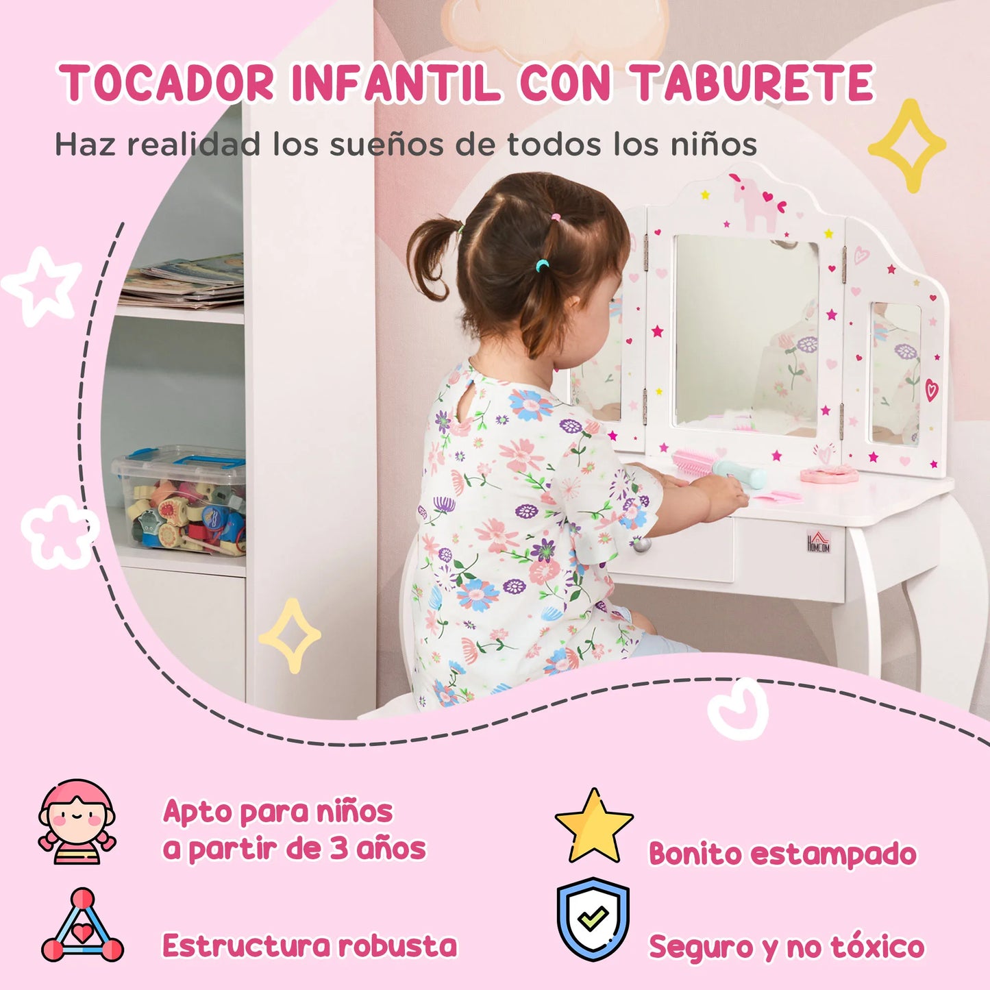 Homcom Wooden Children's Dressing Table with Mirror Stool Drawer Makeup Table Pink