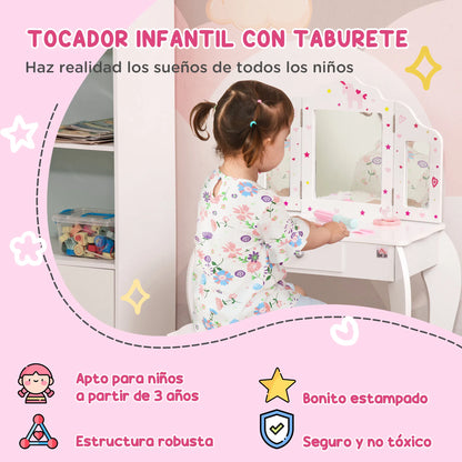 Homcom Wooden Children's Dressing Table with Mirror Stool Drawer Makeup Table Pink