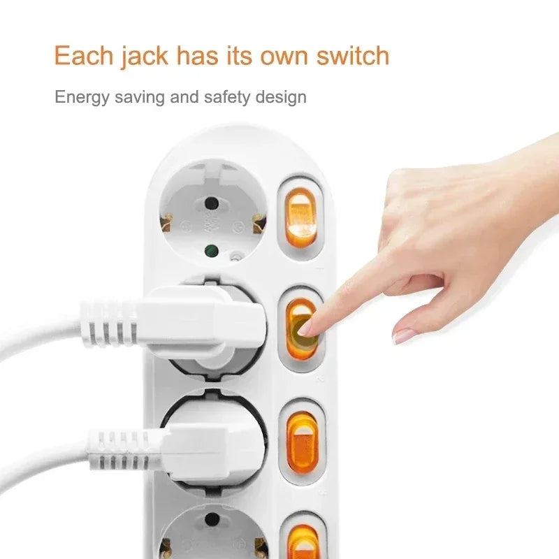Melery Power Strip Surge Protection EU Plug Way Outlets Electrical Extension 16A Socket Independent Control Switches Schuko Cord