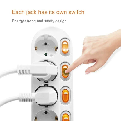 Melery Power Strip Surge Protection EU Plug Way Outlets Electrical Extension 16A Socket Independent Control Switches Schuko Cord