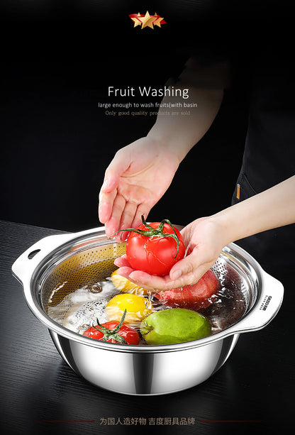 LFGB Certification Kitchen Fruit Vegetable and Rice Washing Basin 23~31cm Diameter Dense Drainage Hole Colander with Side Handle