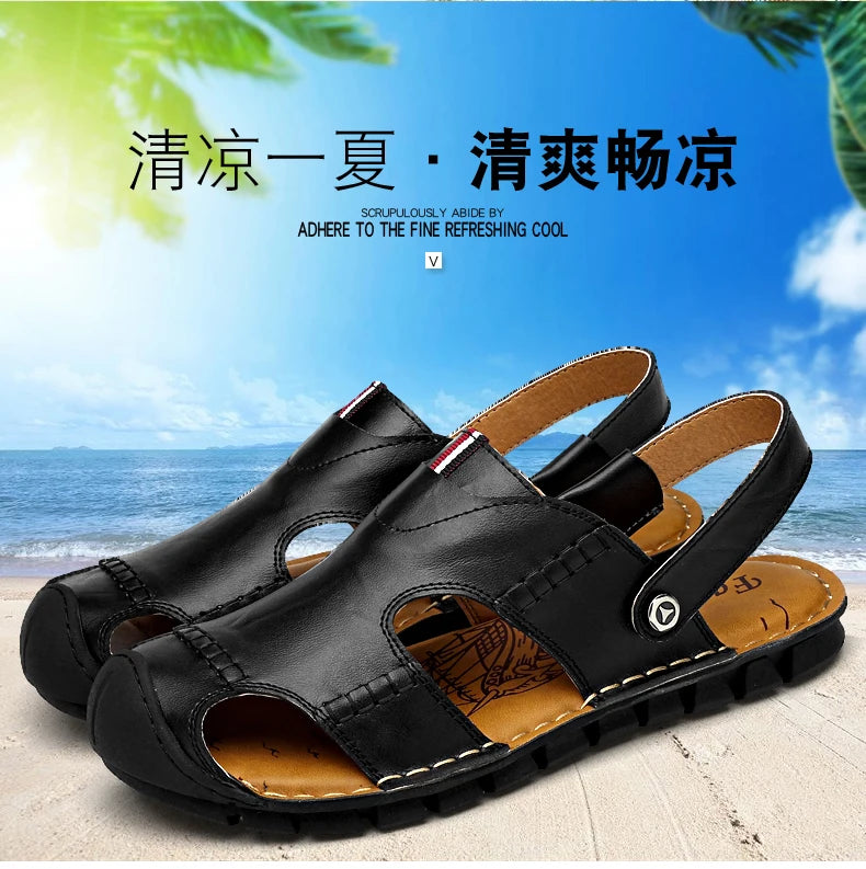 Men Sandals Summer Leather Men Shoes Breathable Walking Beach Slippers Outdoor Sandals Flat Casual  High Quality Fashion Sandals