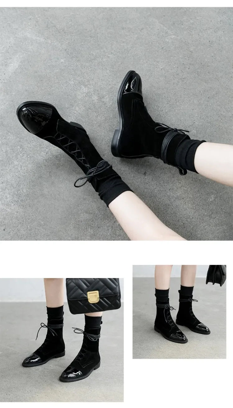 Boots Women's 2023 New Autumn Shoes Single Boots British Style Mid Barrel Slim Boots Children's Black Motorcycle Boots