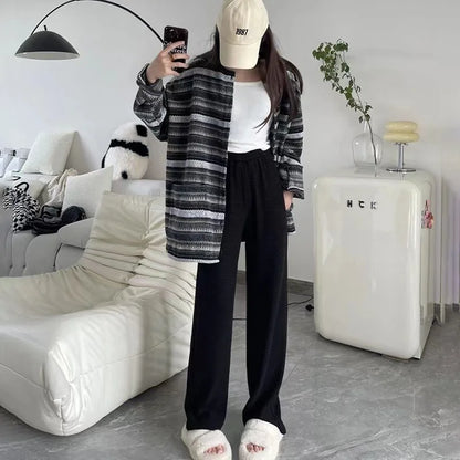 Pantalon d'automne-hiver en peluche pour femme, coupe droite et évasée, taille haute élastique, style décontracté et tendance, en laine tricotée.