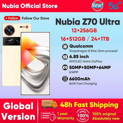 Global Version Nubia Z70 Ultra NX733J 5G Smartphone Snapdragon 8 Elite 6.85" 144Hz AMOLED Display 6150mAh 80W Fast Charge IP69
