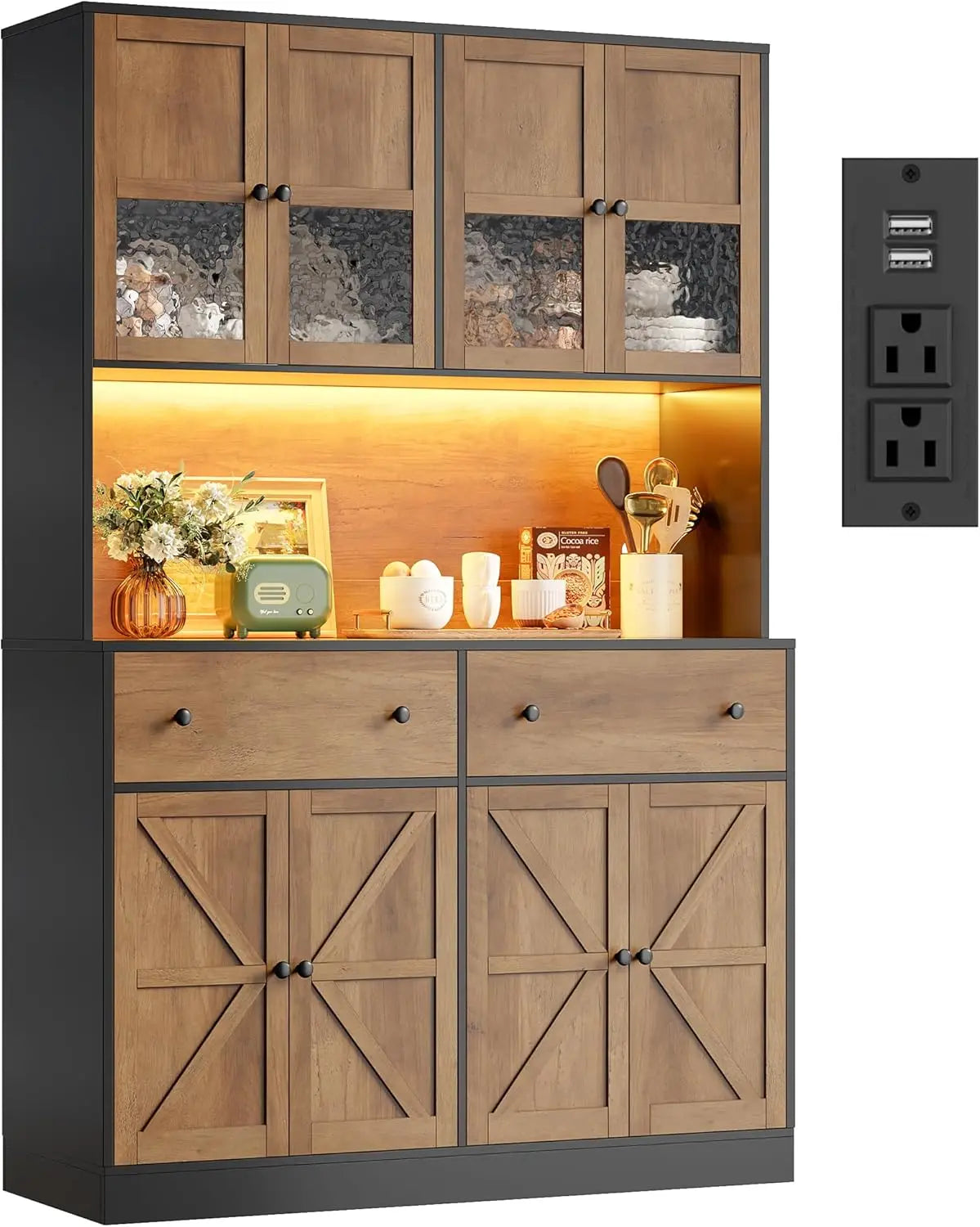 71 Inch Pantry with LED Light and Charging Station, Farmhouse Kitchen Pantry with Microwave Mount, 47.2 Inch Wide Kitchen Pantry