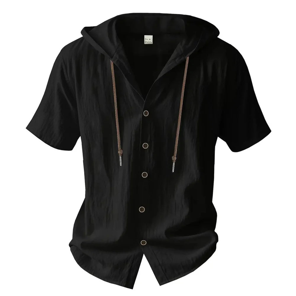 Cotton Linen Shirt for Men Hooded Short Sleeve Solid Color Breathable Lightweight Drawstring Design Shirts Casual Basic Tees