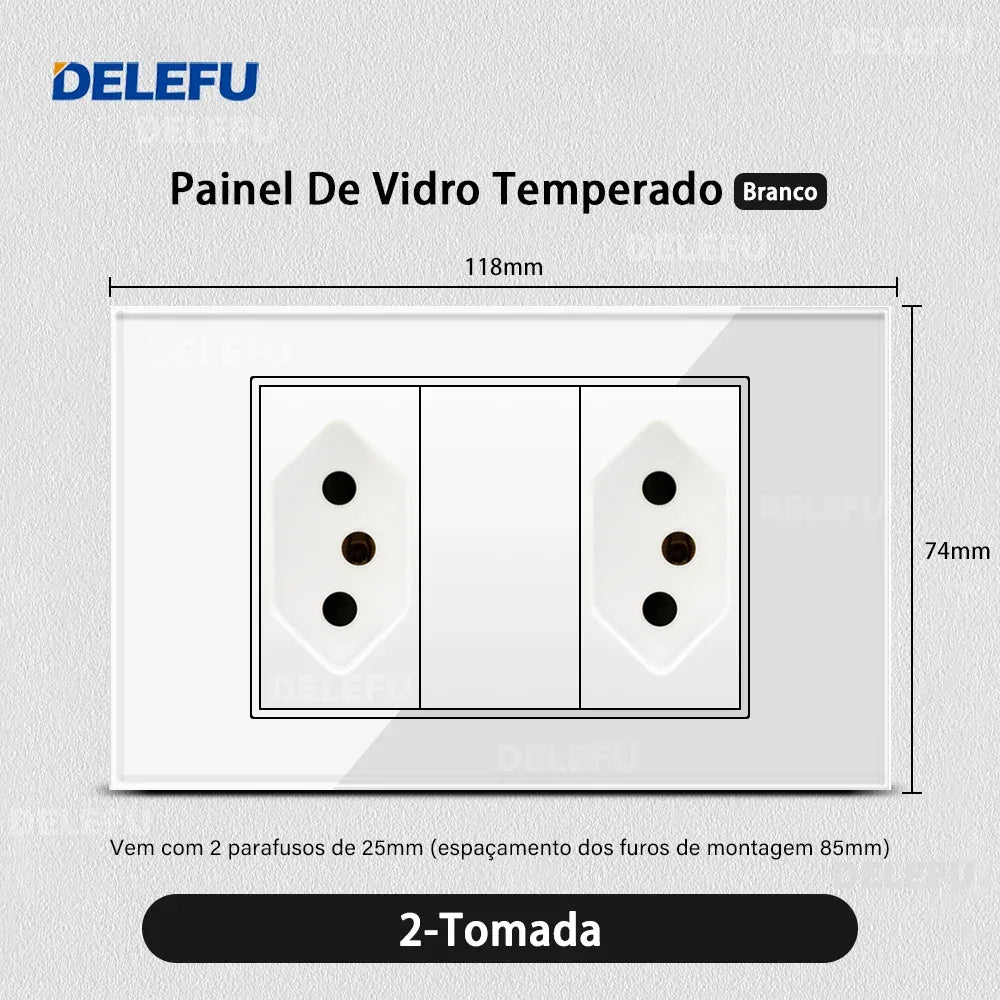 DELEFU 4*2 White Tempered Glass Brazil Standard Outlet with Double USB Type C Wall Power Socket Smart Switch Tuya Wifi 10A 20A