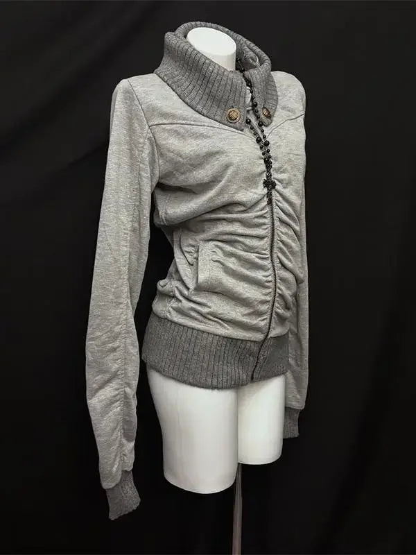 American Street Style Retro Pleated Turtleneck Zipper Hoodie Womens Grey Oversized Hoodie with Ribbed Cuffs Y2K Style Jacket