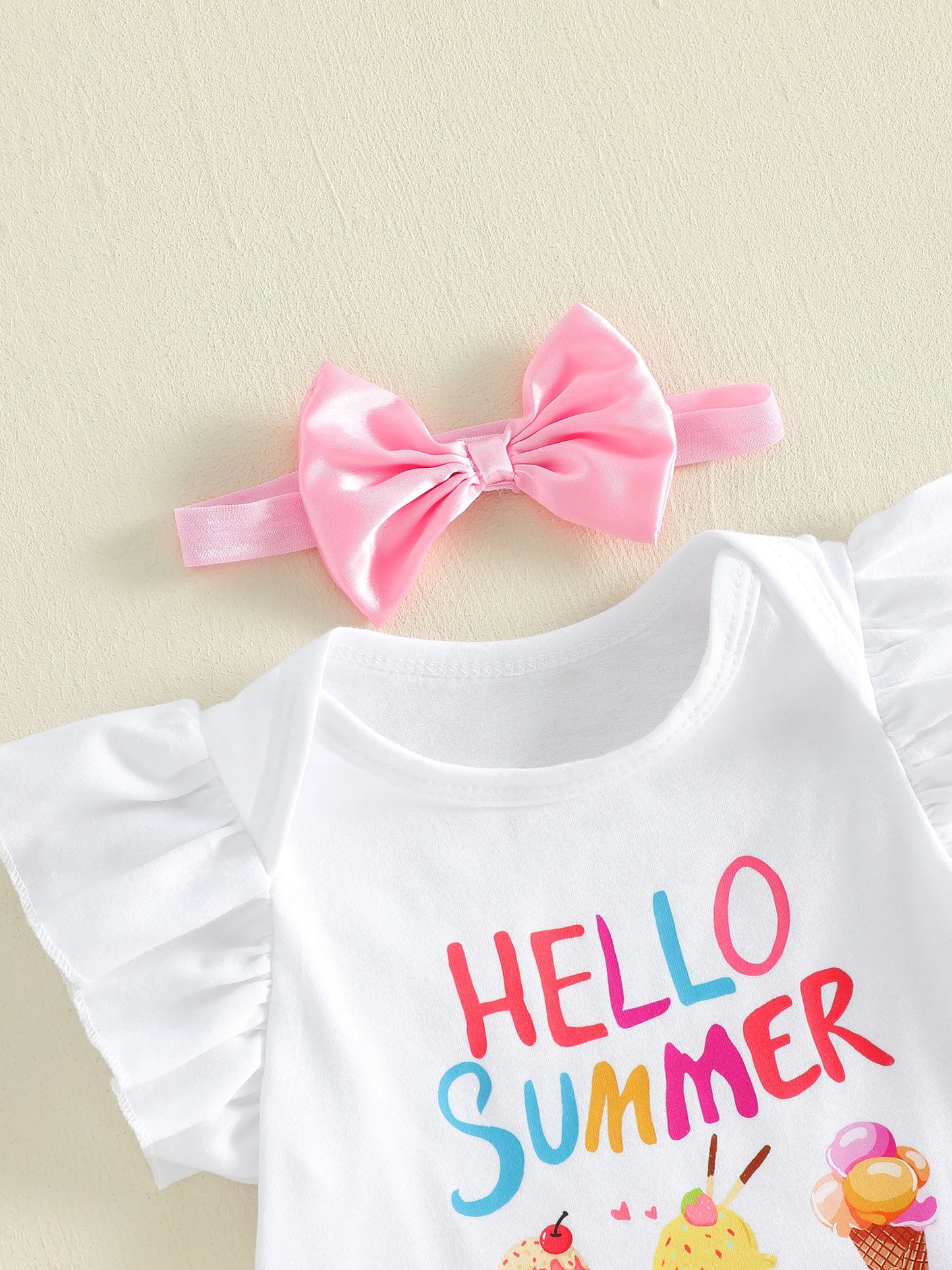 3Pcs Infant Girl Outfit Crew Neck Flying Sleeve Summer Themed Ice Cream Print Romper Tulle Skirt Headband Set