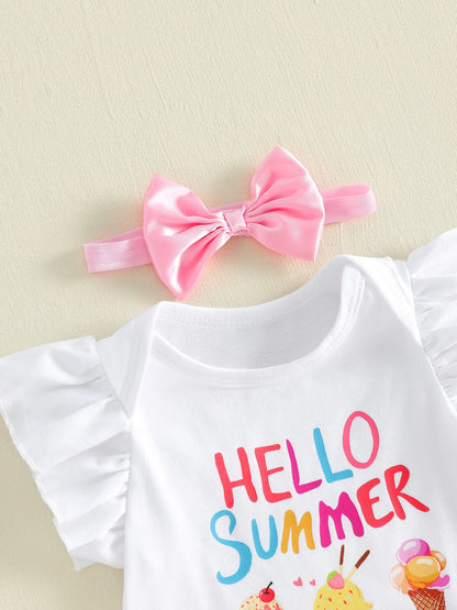 3Pcs Infant Girl Outfit Crew Neck Flying Sleeve Summer Themed Ice Cream Print Romper Tulle Skirt Headband Set