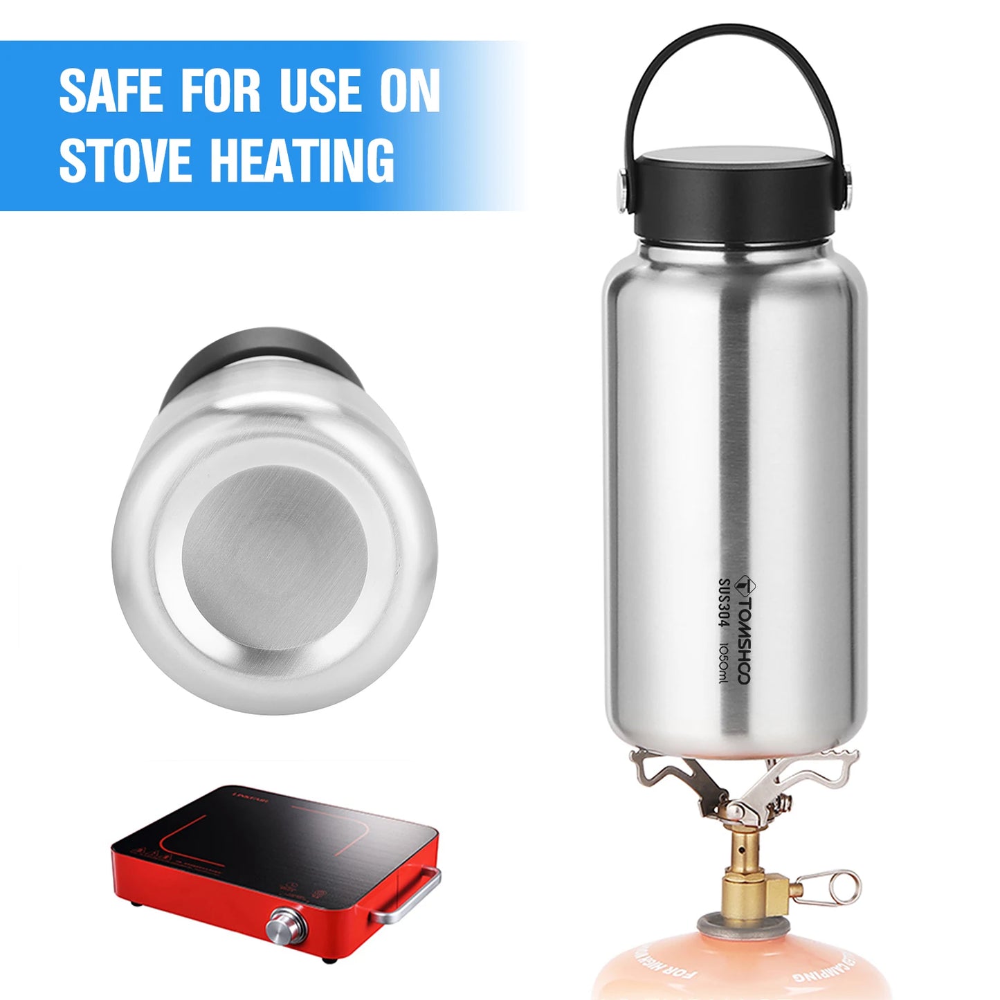 TOMSHOO 1.05L Stainless Steel Water Bottle Leak Proof Sports Bottle W 750ml Water Cup Coffee Mug Hanging Pot for Outdoor Camping