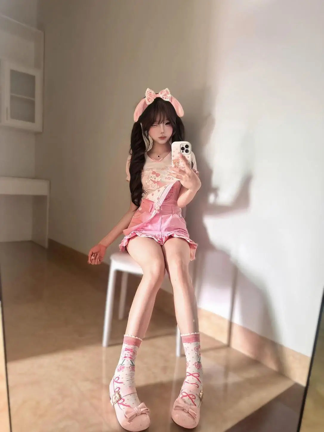 Sweet Girl Pink Overall Skirt Set Kawaii Strawberry Embroidery Ruffle Hem Cute Cartoon Print Jumper Outfit Summer Y2k Outfits