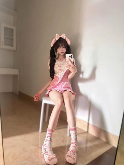 Sweet Girl Pink Overall Skirt Set Kawaii Strawberry Embroidery Ruffle Hem Cute Cartoon Print Jumper Outfit Summer Y2k Outfits