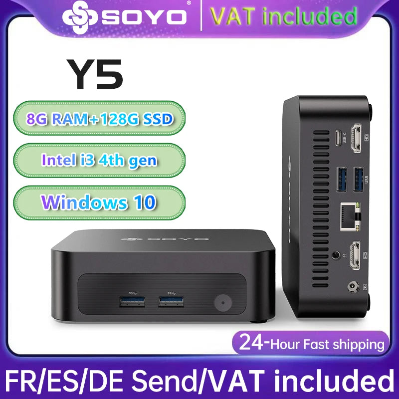 SOYO Mini PC Y5 Intel i3 4th Gen4030U 8GB RAM 128GB ROM Windows 10 WiFi BT4.2 Desktop Computer Multi-screen output