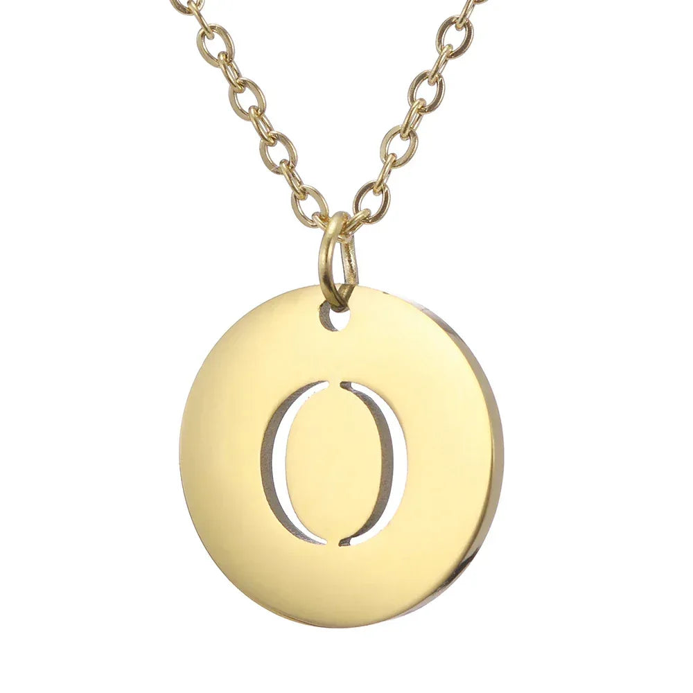 New Trend Stainless Steel Gold Silver Color Initials Necklace Hollow Round 26 Letter Pendant Necklace Jewelry Christmas Gift
