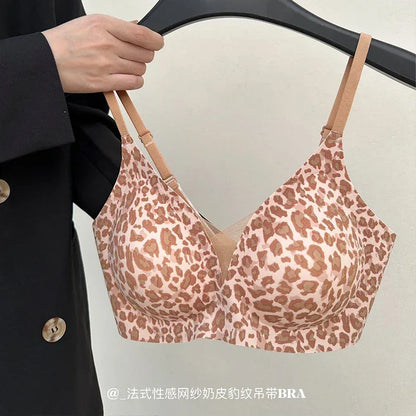 YUQI Leopard Print Bra - Ultra Thin No Underwire, Anti-Sag Bralette, Big/Small Chest Lightweight Gather, Breathable Smooth