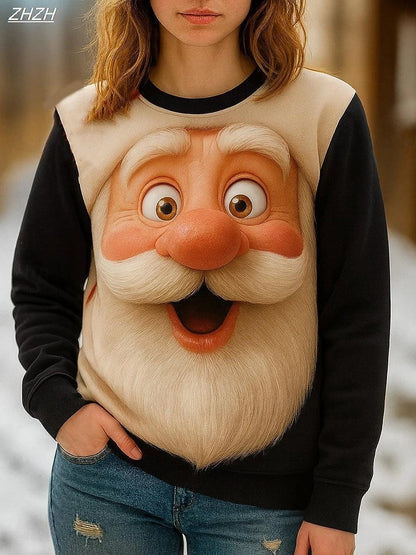 2025 Christmas Women's Santa Print Sweatshirts, Casual Long Sleeve Crewneck, Holiday Street Style, Spring Fall Cozy Fashion