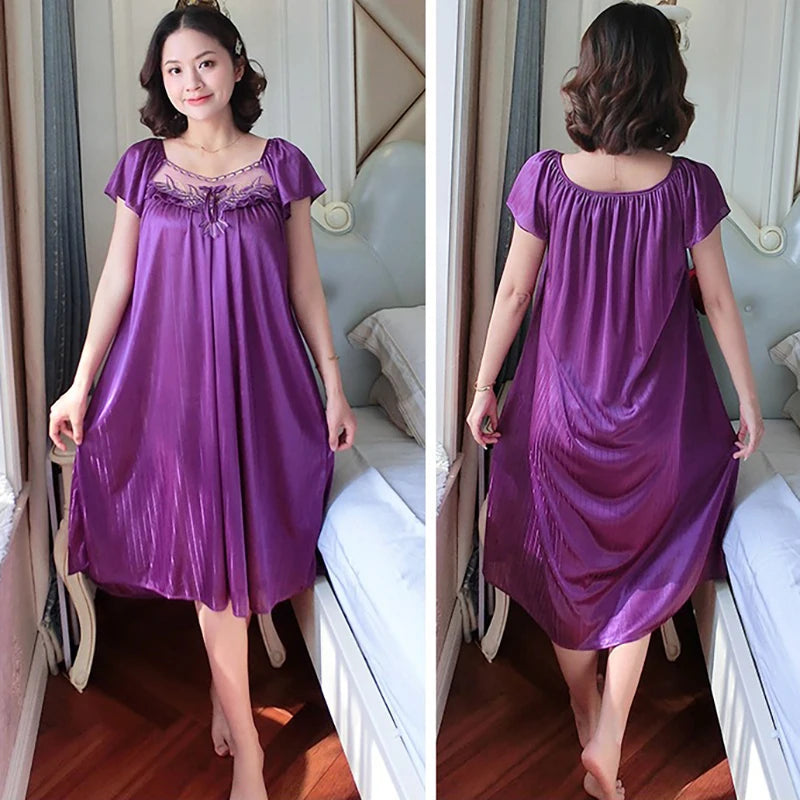 Women's Nightdress Loungewear Ladies Ice Silk Nightgowns Sleeping Dress Medium Length Short Sleeve Home Wear Pyjama Sleepwear
