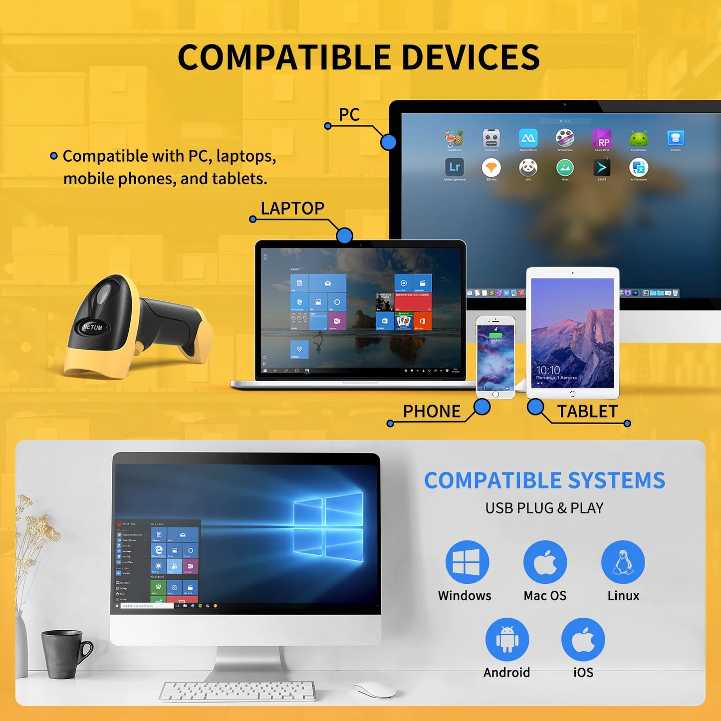 NETUM L8BLPro  Blueooth Wireless 2D Barcode Scanner QR Barcode Reader PDF417 Automatic Sensing for Pos Scanning